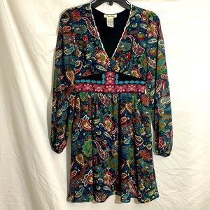 Flying Tomato Colorful Embroidered paisley print long sleeve vneck Dress Boho M
